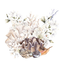 Watercolor Composition With Sea Shell, Coral And Floral Bouquet, Isolated On White Background