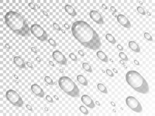 Water Drops. Realistic Droplets On Transparent Background. Bubbles With Shadow On Glass. Wet Window Effect. Rain Or Shower Concept. Pure Dew Drops. Vector Illustration