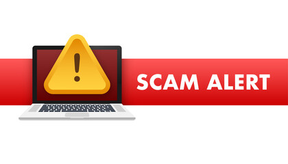 Sticker - Banner with red scam alert. Attention sign. Cyber security icon. Caution warning sign sticker. Flat warning symbol. Vector stock illustration