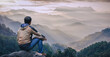 Leinwandbild Motiv Young male sitting on top of cliff in summer mountains enjoying Sunset or Sunrise Colorful Sky.