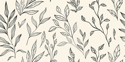 Wall Mural - Leaves branch and Hand Drawn doodle Scribble floral plants banner. seamless pattern. Creative minimalist Abstract art background. Design wall decoration, postcard, poster or brochure