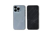 Crack Screen Mobile Phone And Smartphone Back View Glass Broken Isolated On White Background.