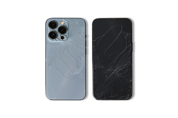 crack screen mobile phone and smartphone back view glass broken isolated on white background.