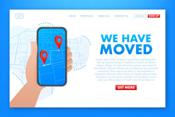 Wall Mural - We have moved. Moving office sign. Clipart image isolated on blue background. Vector stock illustration.