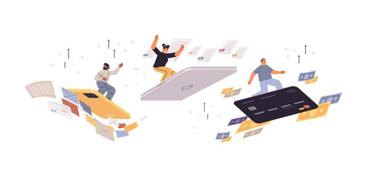 Poster - set businesspeople surfing on smartphone laptop and credit card online communication concept