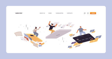 Poster - set businesspeople surfing on smartphone laptop and credit card online communication concept horizon