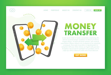 Canvas Print - Vector concept of worldwide money transfer. Sending yellow coins from smart phone in businessman hands to personal account on computer