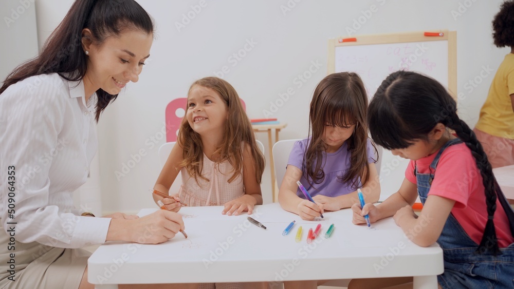Back to school and summer course. Little children learning kindergarten ...