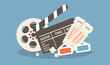 © Viktoria - vector illustration on the theme of cinema. clapperboard, 3d glasses, film reel, movie tickets