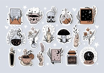 set of cute witch stickers, collection of hand drawn boho elements. letter, skull, book, magic cryst