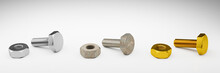 Bolt And Nut Set. Silver, Gold And Rust On A White Background. 3D Rendering.