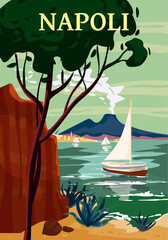 Wall Mural - Naples Retro Poster Italia. Mediterranean sea sailboat, smoke volcano Vesuvius, coast, rock. Vector illustration postcard