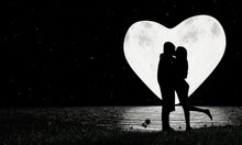Silhouette Lovers Kissing Romanticly. Heart Shap Full Moon And A Star Full Of The Sky As The Background. The Moon's Reflection Is Reflected In The River. Romance And Marriage Proposals. 3D Rendering