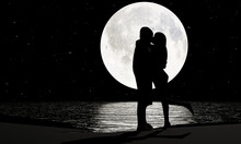 Silhouette Lovers Kissing Romanticly There Is A Full Moon And A Star Full Of The Sky As The Background. The Moon's Reflection Is Reflected In The River. Romance And Marriage Proposals. 3D Rendering