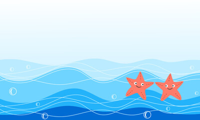 Blue wave with starfish cartoons vector illustration.