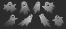 Halloween Characters Vector Illustration. Cute Scary Ghosts Phantoms On Transparent Alpha Background Set.