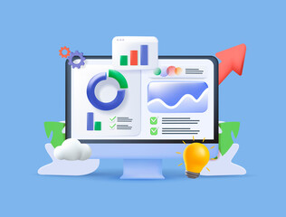 Fototapete - 3D Web UI interface. Data analytics, SEO Optimization dashboard and business finance report. Investment or website SEO screen PC concept. Analytics Data KPI Dashboard Tech. Vector Illustrations