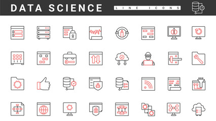 Fototapete - Online data communication, network management of information systems, thin red and black line icons set vector illustration. Abstract software and hardware, privacy of access, tech optimization