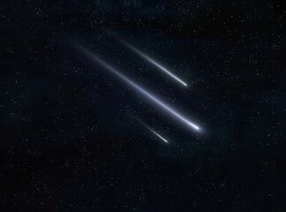 meteor trails in the night sky, beautiful meteor shower. falling stars. three meteorites burn up in 