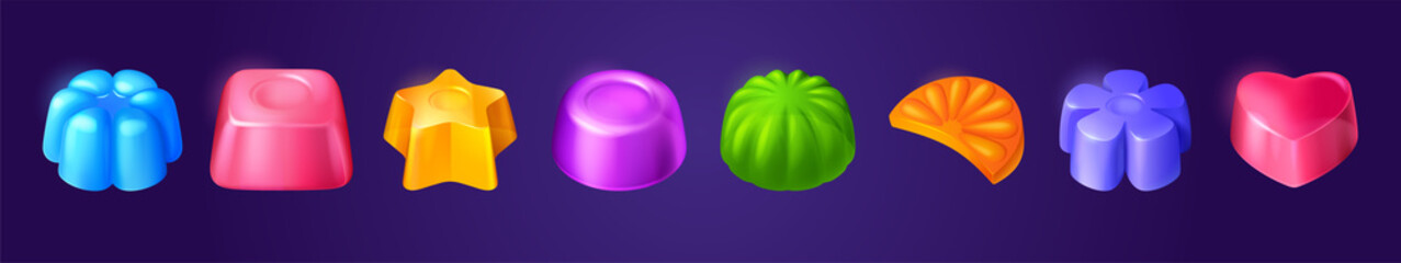 Poster - Jelly candies, game icons or ui buttons set. Funny cartoon assets for app design. Isolated colorful glossy sweets, gui graphic elements for user panel settings or menu interface 3d vector illustration