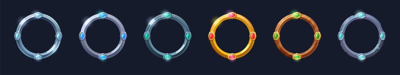Poster - round avatars frames for game, ui textured medieval jagged metal and wooden borders. cartoon empty b
