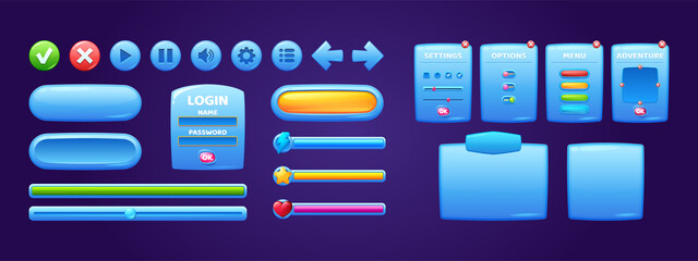 Poster - Game menu interface windows, cartoon options, settings, adventure plates with ui buttons, progress bars and gui elements. Blue glossy user panels with sliders, vector boards design templates set