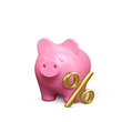 3D pink piggy bank with gold percent symbol. Bank deposit or savings strategy concept. Business and finance success
