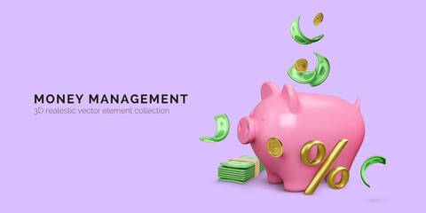 Wall Mural - Pink piggy bank with percent sign and falling gold coins and green dollar bills. Money management concept