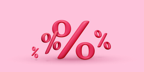 Wall Mural - Percent 3d icons. Discount banner for promotion template. Group of percentage signs on pink background