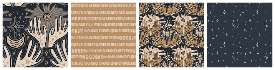 Boho aesthetic, spiritual symbols seamless pattern set with fortune teller's raised hands, holding sun and moon. Praying for peace, calmness and wellbeing bohemian style backgrounds with palms p.