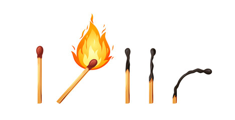 Burnt match stick with fire. Set of matchsticks with sulfur head flaming stages from ignition to extinction. Cartoon spark bonfire vector illustration