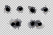 Bullet Holes Of Gun Or Pistol. Shoot In Metal Single And Double Hole. Damage And Cracks On Surface. Vector Isolated On Background