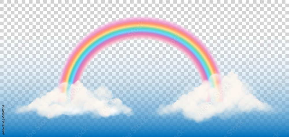 Fantasy rainbow with clouds on transparent background. Arched realistic ...