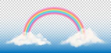 Fantasy Rainbow With Clouds On Transparent Background. Arched Realistic Spectrum. Vector.