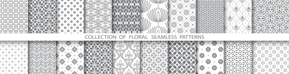 Geometric floral set of seamless patterns. White and gray vector backgrounds. Simple illustrations