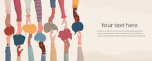 Agreement Or Affair Between Group Of Colleagues Or Collaborators. Diversity People Who Exchange Information.Hands Holding Speech Bubble. Sharing And Exchange. Community. Banner Copy Space
