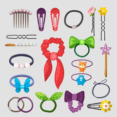 Poster - Hair accessories. Stylish girlish equipment plastic pins clips grooming tools rubber bands recent vector colored set