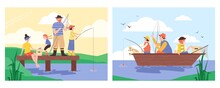 Summer Banners Set With Fishing Families Flat Cartoon Vector Illustration.