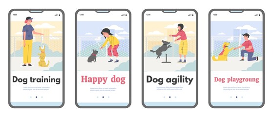 Set of mobile app templates about dog training flat style, vector illustration