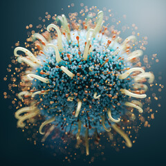 Fototapete - Microbilology and virology concept with closeup of abstract blue and light yellow virus cell on dark background. 3D rendering