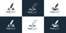 set of book story feather logo design inspiration. note and quill logo design collection.