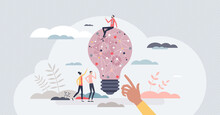 Machine Learning And Artificial Intelligence To Generate New Idea Tiny Person Concept. Smart Neural Network With Dots Connection And Information Processing For Creative Innovations Vector Illustration