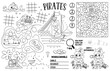 Vector pirate placemat for kids. Treasure hunt printable activity mat with maze, tic tac toe charts, connect the dots, find difference. Sea adventure black and white play mat or coloring page.
