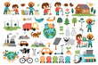 Vector ecological set for kids. Earth day collection with cute children, planet, waste recycling concept. Environment friendly pack with alternative energy, solar panels, endangered animals.