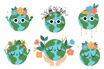 Wall Mural - Vector earth set for kids. Earth day collection with cute kawaii smiling planets. Environment friendly icons with globe and forest, pollution or flowers on top. Ecological concept.