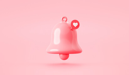 Wall Mural - Pink love bell alarm reminder alert on notification heart bubble message 3d background with creative chat new contact mobile attention or minimal pastel smartphone ring and cute email social notice.