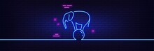 Neon Light Glow Effect. Elephant On Ball Line Icon. Circus Sign. Amusement Park Show. 3d Line Neon Glow Icon. Brick Wall Banner. Elephant On Ball Outline. Vector