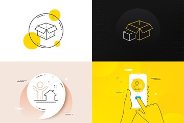 Poster - Minimal set of Packing boxes, New house and Open box line icons. Phone screen, Quote banners. Engineer icons. For web development. Delivery package, Buying home, Worker with cogwheel. Vector