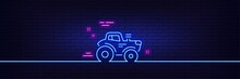 Neon Light Glow Effect. Tractor Transport Line Icon. Agriculture Farm Vehicle Sign. 3d Line Neon Glow Icon. Brick Wall Banner. Tractor Outline. Vector