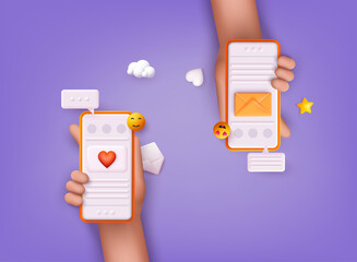 Poster - hands holding phone with chat app. social network concept. 3d web vector illustrations.